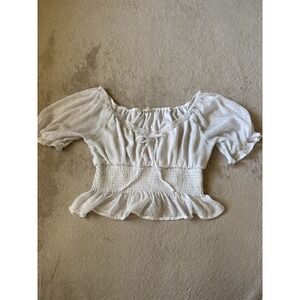 Modulg Swiss Smocked Peplum Top Swiss Dot‎ Puff Sleeve White XL